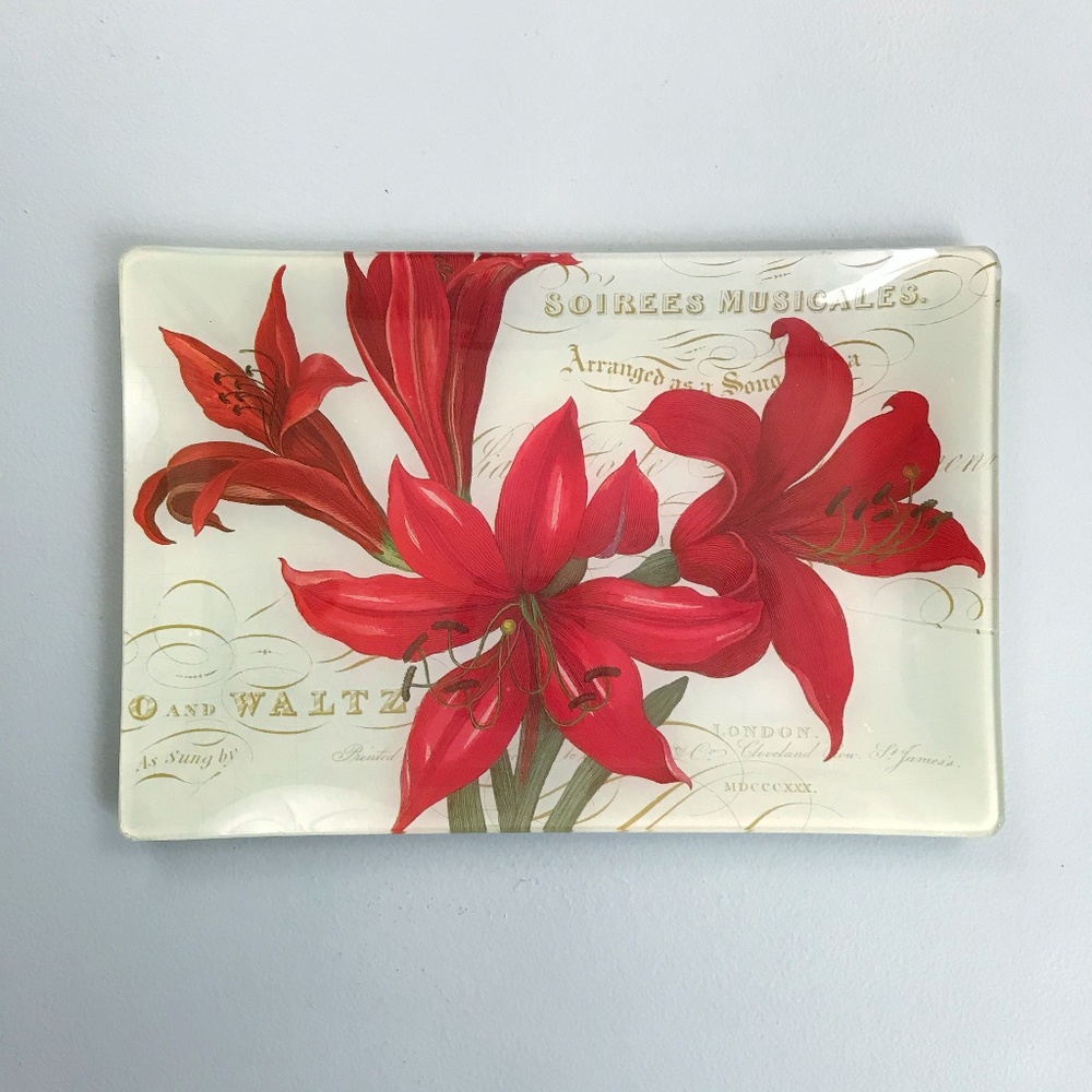 VINTAGE Inspired Style Vanity Tray Floral Lily Decor Display Glass Plate Red